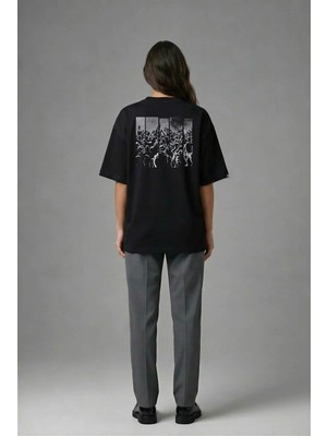 Posh Cabal A01086 Baskılı Oversize Siyah Kadın T-Shirt