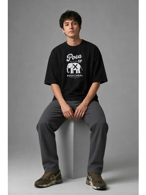 Posh Cabal F01095 Baskılı Oversize Siyah Erkek T-Shirt
