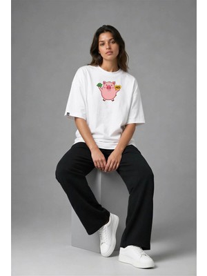 Posh Cabal F02020 Baskılı Oversize Beyaz Kadın T-Shirt