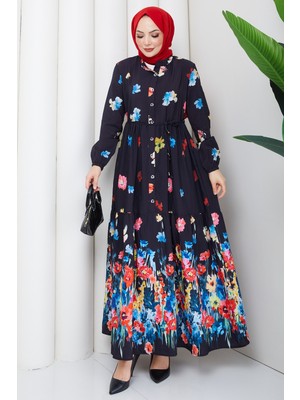 Pamuk Butik Kadın Belden Bağlamalı Tropikal Desenli Elbise -PMK571