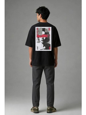 Posh Cabal A02135 Baskılı Oversize Siyah Erkek T-Shirt