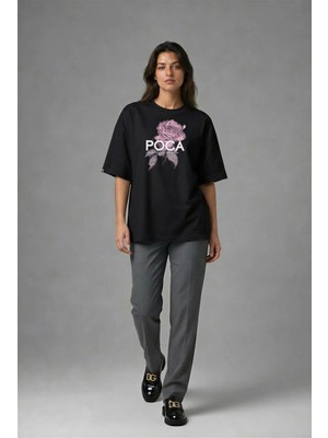 Posh Cabal F01018 Baskılı Oversize Siyah Kadın T-Shirt