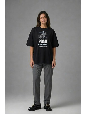 Posh Cabal F01052 Baskılı Oversize Siyah Kadın T-Shirt
