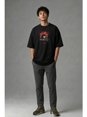 Posh Cabal F01001 Baskılı Oversize Siyah Erkek T-Shirt