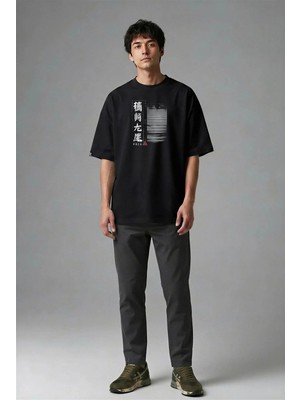 Posh Cabal F01102 Baskılı Oversize Siyah Erkek T-Shirt