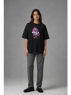 Posh Cabal F01012 Baskılı Oversize Siyah Kadın T-Shirt