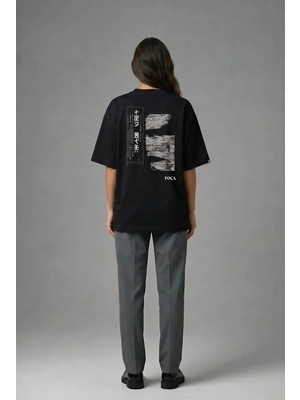 Posh Cabal A01106 Baskılı Oversize Siyah Kadın T-Shirt