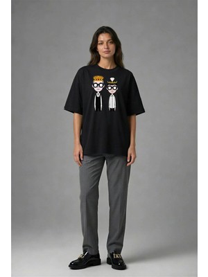 Posh Cabal F02027 Baskılı Oversize Siyah Kadın T-Shirt