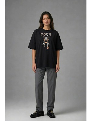 Posh Cabal F01062 Baskılı Oversize Siyah Kadın T-Shirt