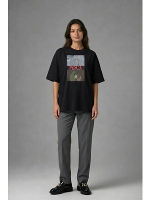 Posh Cabal F02037 Baskılı Oversize Siyah Kadın T-Shirt