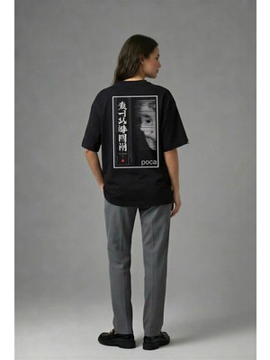 Posh Cabal A01104 Baskılı Oversize Siyah Kadın T-Shirt