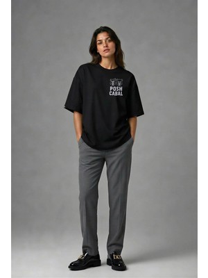 Posh Cabal G01091 Baskılı Oversize Siyah Kadın T-Shirt