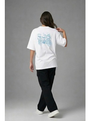 Posh Cabal A03074 Baskılı Oversize Beyaz Kadın T-Shirt