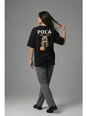 Posh Cabal A01063 Baskılı Oversize Siyah Kadın T-Shirt
