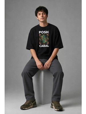 Posh Cabal F01030 Baskılı Oversize Siyah Erkek T-Shirt