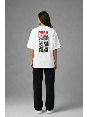 Posh Cabal A03151 Baskılı Oversize Beyaz Kadın T-Shirt