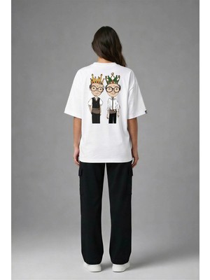 Posh Cabal A02036 Baskılı Oversize Beyaz Kadın T-Shirt
