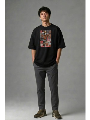 Posh Cabal F02051 Baskılı Oversize Siyah Erkek T-Shirt