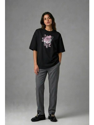 Posh Cabal F01009 Baskılı Oversize Siyah Kadın T-Shirt
