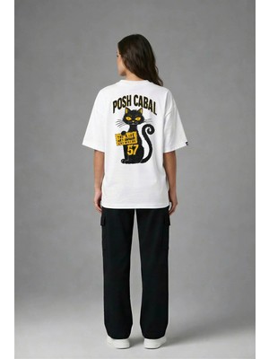 Posh Cabal A03068 Baskılı Oversize Beyaz Kadın T-Shirt