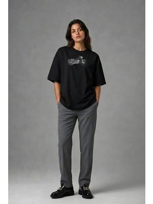 Posh Cabal F02081 Baskılı Oversize Siyah Kadın T-Shirt