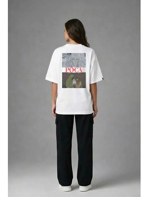 Posh Cabal A02037 Baskılı Oversize Beyaz Kadın T-Shirt