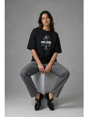 Posh Cabal F01055 Baskılı Oversize Siyah Kadın T-Shirt
