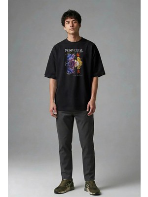 Posh Cabal F01097 Baskılı Oversize Siyah Erkek T-Shirt