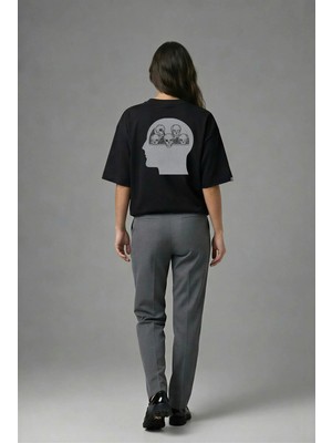Posh Cabal A02045 Baskılı Oversize Siyah Kadın T-Shirt