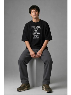 Posh Cabal F01130 Baskılı Oversize Siyah Erkek T-Shirt