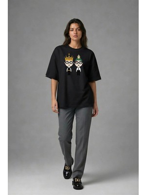Posh Cabal F02028 Baskılı Oversize Siyah Kadın T-Shirt