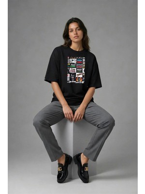 Posh Cabal F01045 Baskılı Oversize Siyah Kadın T-Shirt