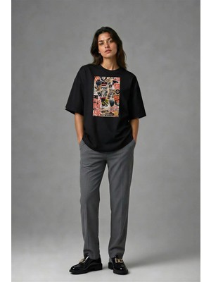 Posh Cabal F01041 Baskılı Oversize Siyah Kadın T-Shirt