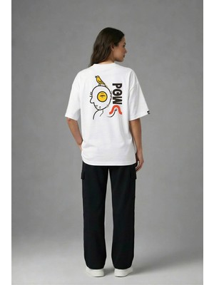 Posh Cabal A03031 Baskılı Oversize Beyaz Kadın T-Shirt