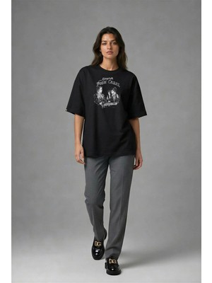 Posh Cabal F01038 Baskılı Oversize Siyah Kadın T-Shirt