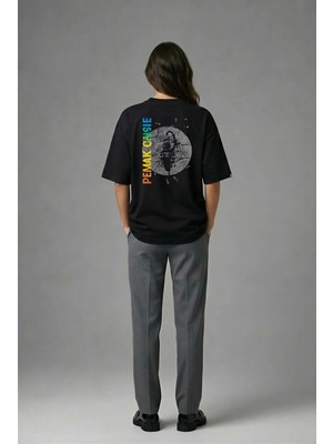 Posh Cabal A01042 Baskılı Oversize Siyah Kadın T-Shirt