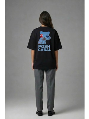 Posh Cabal A02058 Baskılı Oversize Siyah Kadın T-Shirt