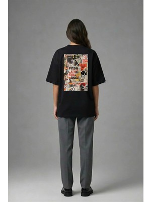 Posh Cabal A02053 Baskılı Oversize Siyah Kadın T-Shirt