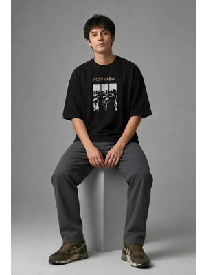 Posh Cabal F01085 Baskılı Oversize Siyah Erkek T-Shirt