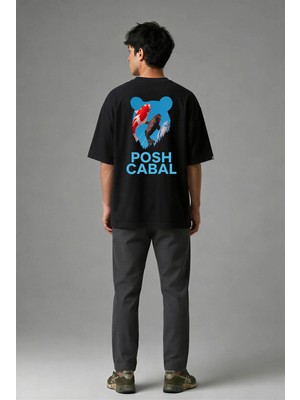 Posh Cabal A02057 Baskılı Oversize Siyah Erkek T-Shirt