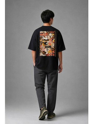 Posh Cabal A01040 Baskılı Oversize Siyah Erkek T-Shirt