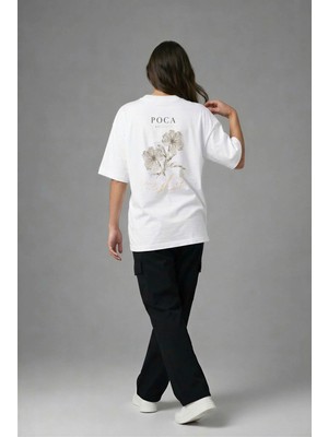 Posh Cabal A03069 Baskılı Oversize Beyaz Kadın T-Shirt