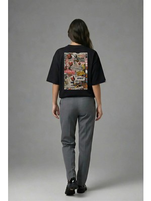 Posh Cabal A02055 Baskılı Oversize Siyah Kadın T-Shirt