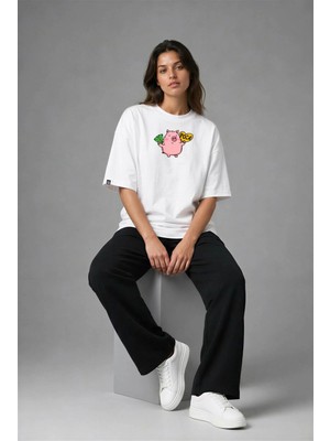 Posh Cabal F02025 Baskılı Oversize Beyaz Kadın T-Shirt