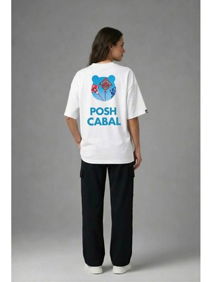 Posh Cabal A02059 Baskılı Oversize Beyaz Kadın T-Shirt