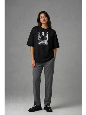 Posh Cabal F01079 Baskılı Oversize Siyah Kadın T-Shirt