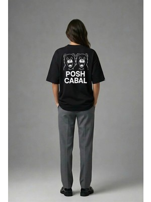 Posh Cabal A01092 Baskılı Oversize Siyah Kadın T-Shirt