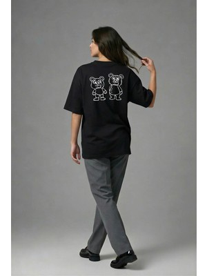 Posh Cabal A01093 Baskılı Oversize Siyah Kadın T-Shirt