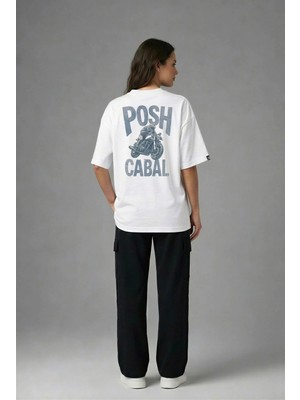 Posh Cabal A03065 Baskılı Oversize Beyaz Kadın T-Shirt