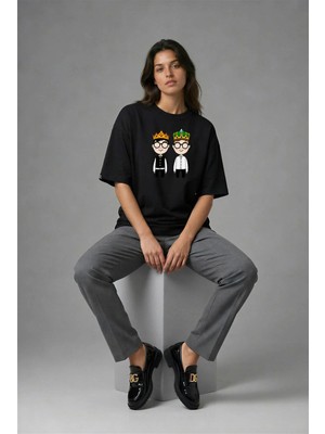 Posh Cabal F02030 Baskılı Oversize Siyah Kadın T-Shirt